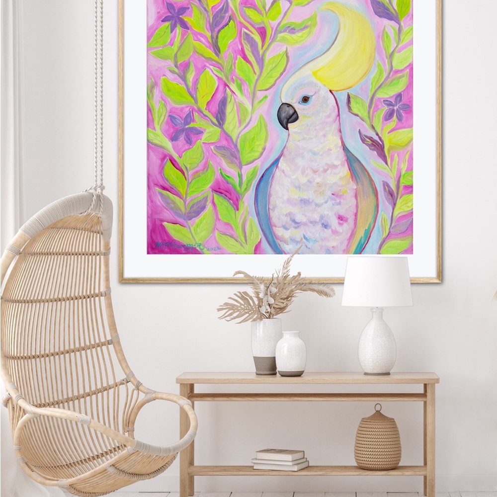 Cockatoo Hairdo Art Print Oil Painting tropical bird plants flowers whimsical - Picture 4 of 10